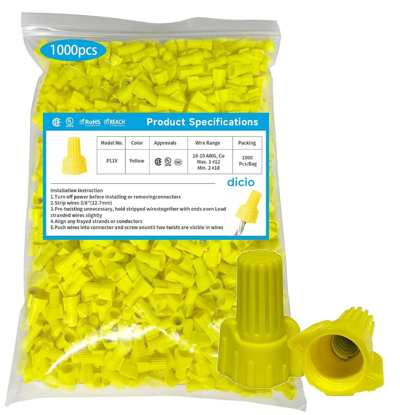 DICIO Yellow Winged Wire Nuts 1000 PCs, Twist Wire Cap Electrical Connectors UL Listed Screw-On Electrical Connector Kit 18-10 AWG for Connect Electrical Wiring - Image 1
